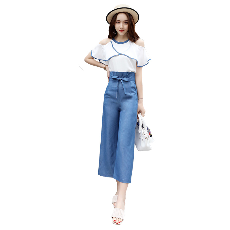 高腰阔腿裤套装女装夏款女士新品甜美雪纺露肩上衣九分裤子两件套