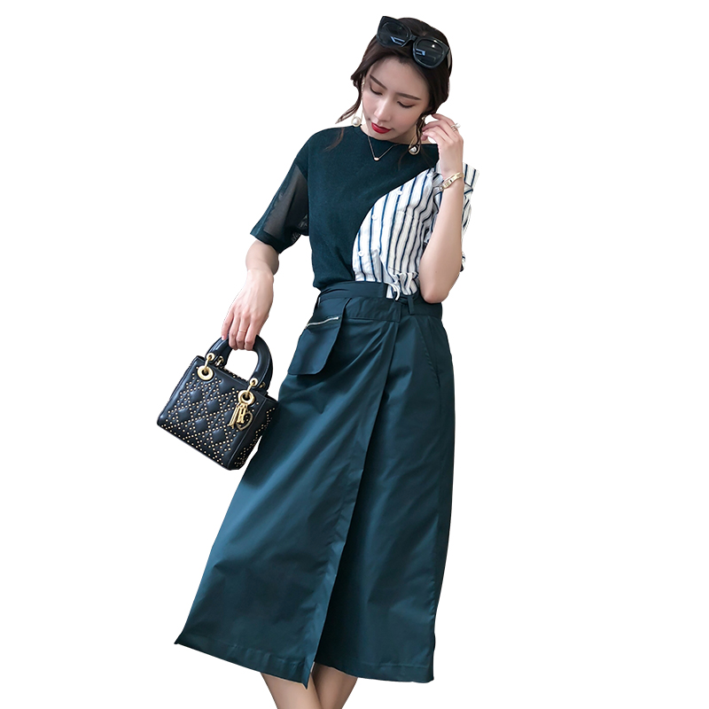 夏款女士新品时尚休闲显瘦高腰花苞气质洋气欧根纱短裤两件套装女