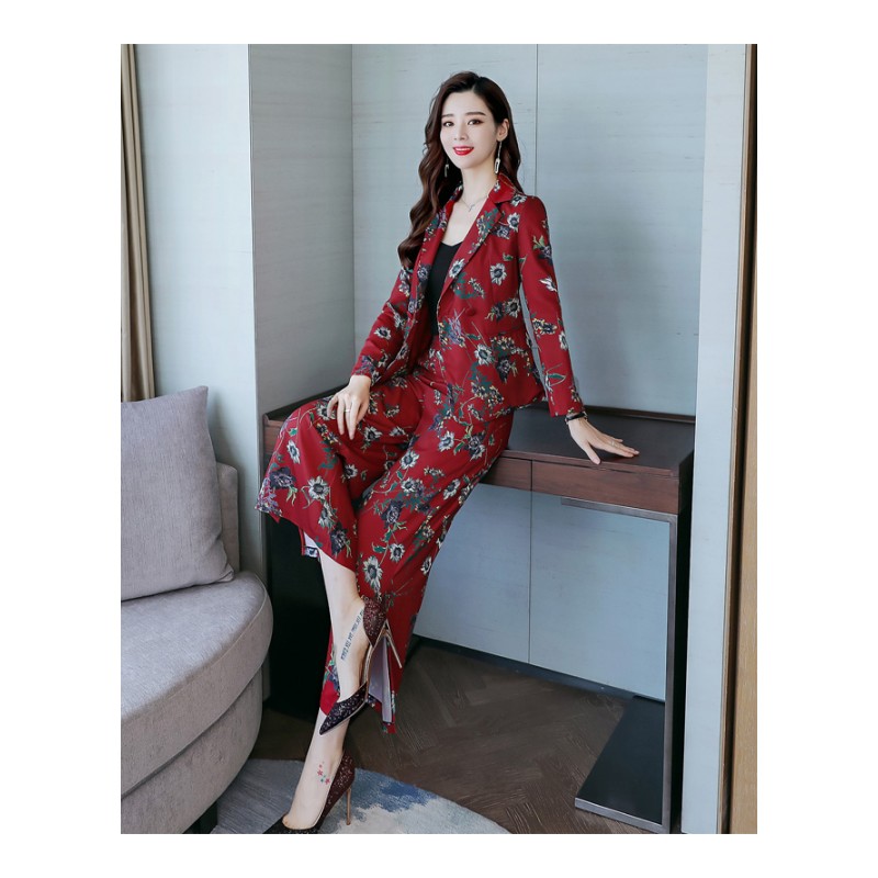显瘦名媛气质西装两件套女女士夏新品印花时尚垂感阔腿裤套装