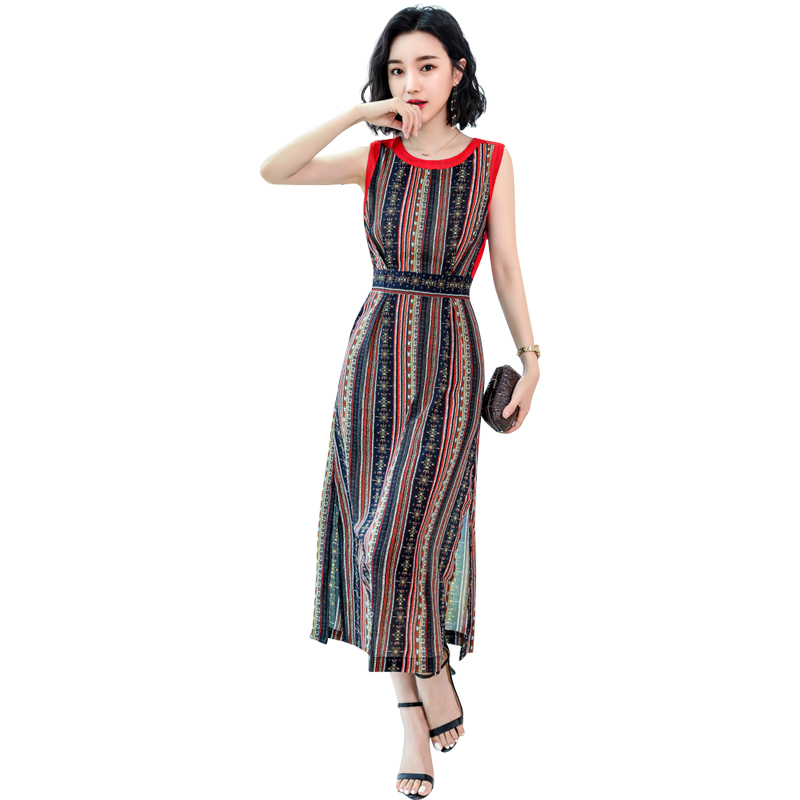 条纹印花连衣裙女女士夏款新品无袖开叉长裙时尚拼接气质韩版裙子