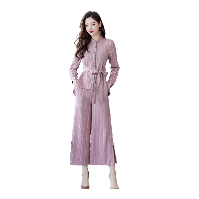 时尚条纹高腰九分裤套装女新品女士秋季气质阔腿裤女神范两件套潮
