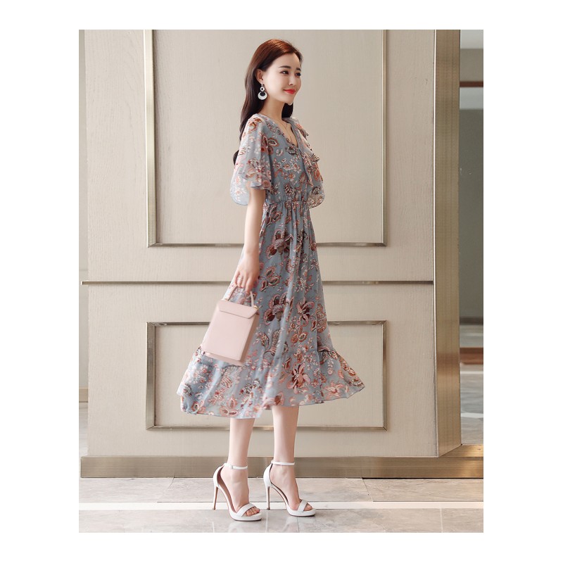 连衣裙女夏款女士新品韩版时尚修身显瘦气质中长款碎花显瘦裙子