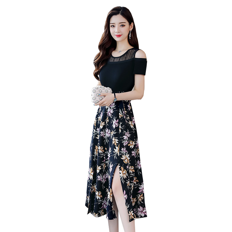 冷淡风碎花雪纺连衣裙女女士夏款新品时尚显瘦露肩假两件套中长款