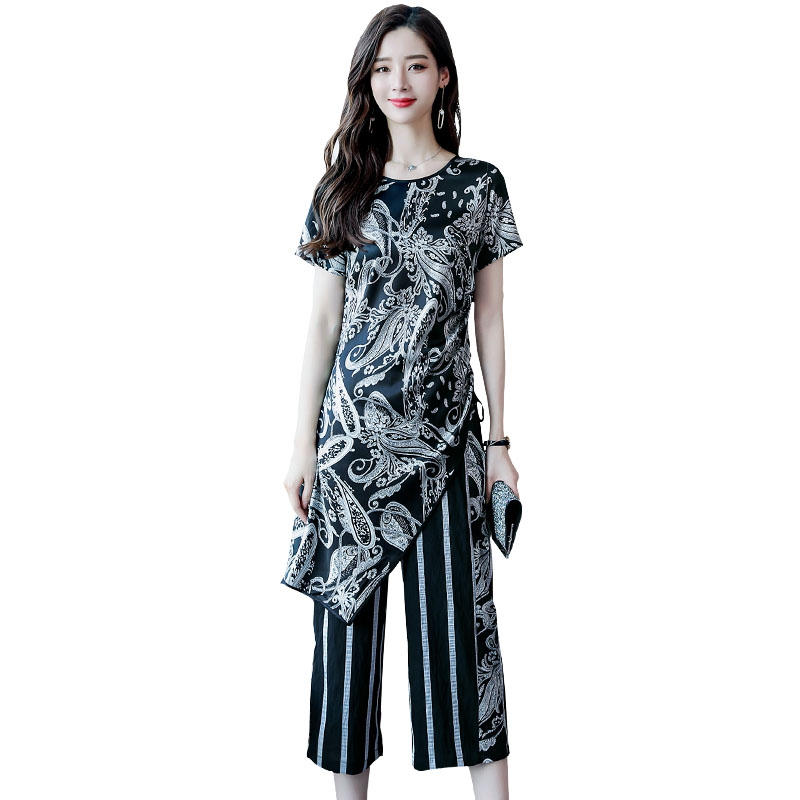 女士夏款新品时尚印花条纹两件套修身显瘦七分阔腿裤大码套装女潮