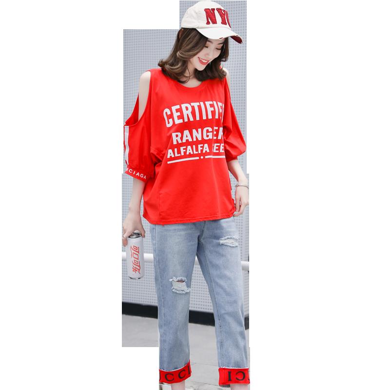 网红两件套女神气质女士夏款新品韩版时尚小清新学生时髦漏肩套装