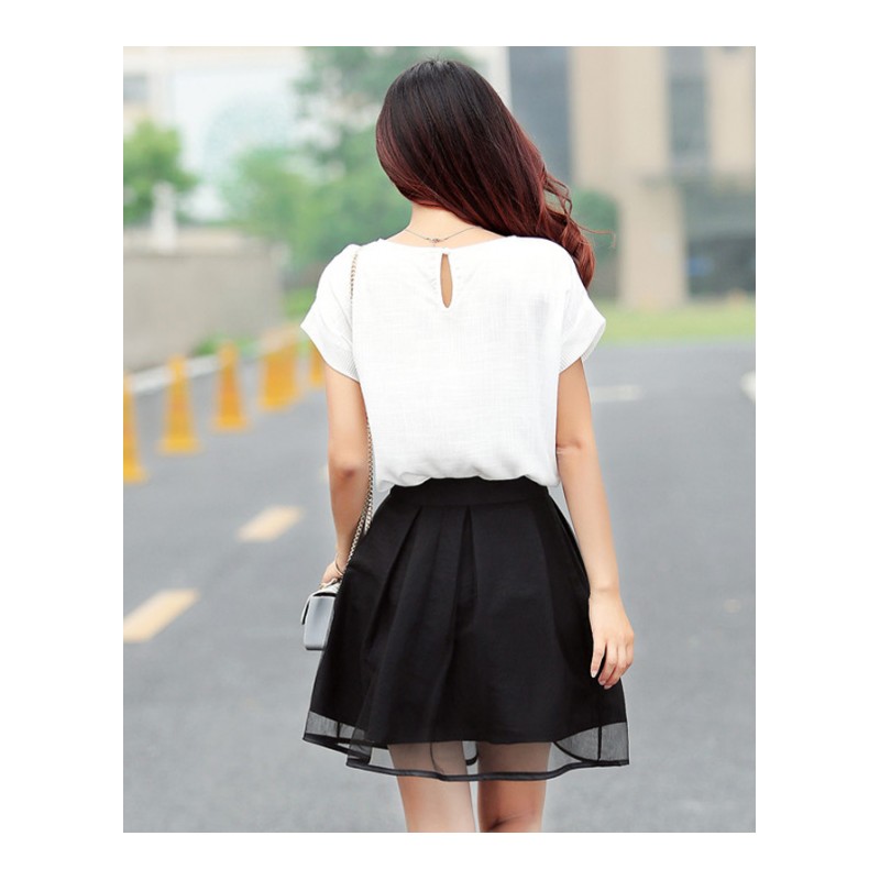 显瘦夏装新品韩版少女时尚套装裙小个子网纱蕾丝连衣裙短袖