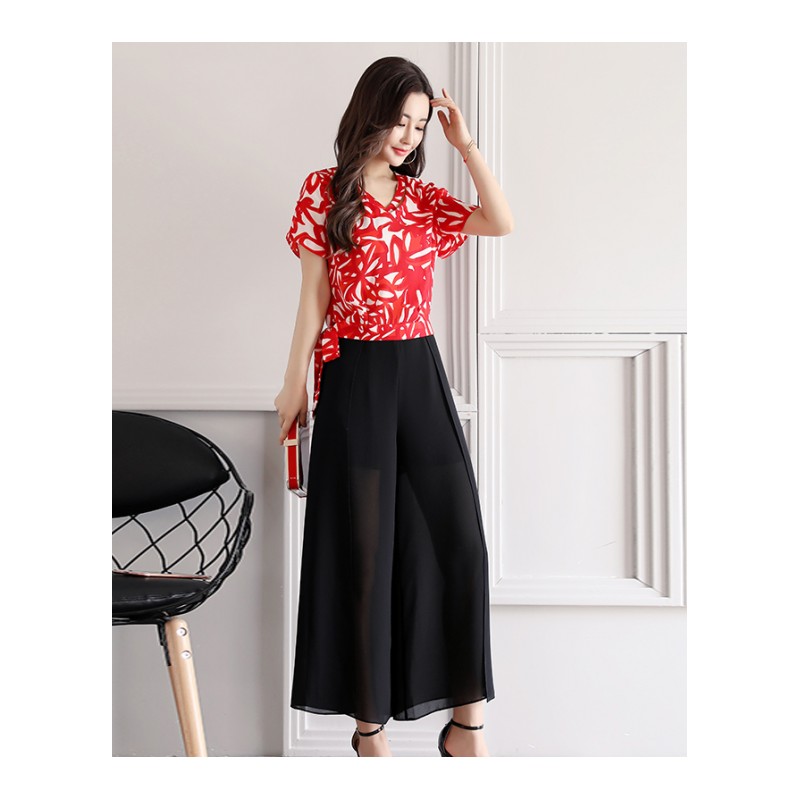 时尚套装女女士夏款新品短袖印花上衣气质名媛九分阔腿裤两件套潮