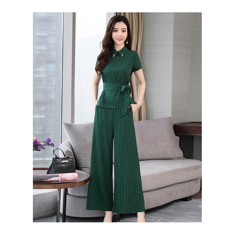 女士春夏装新品女装甜美时尚气质显瘦套装潮矮个子休闲条纹两件套