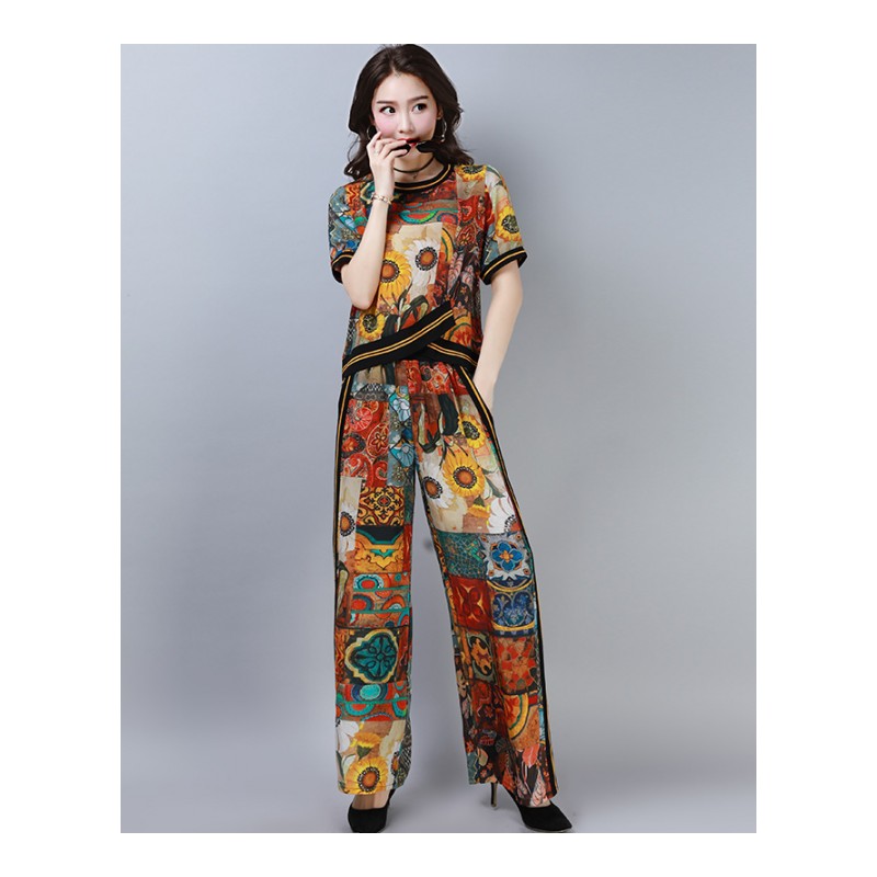 休闲套装女士春夏款新品女复古时尚印花阔腿裤洋气气质显瘦两件套