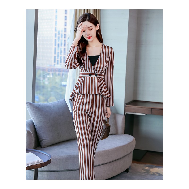 初秋装时尚休闲套装女女士韩版显瘦气质条纹长袖上衣九分裤两件套