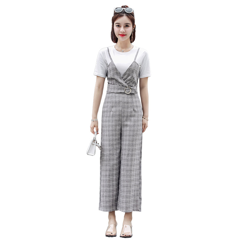 格子背带阔腿裤套装女装夏款女士新品韩版显瘦带九分连体两件套