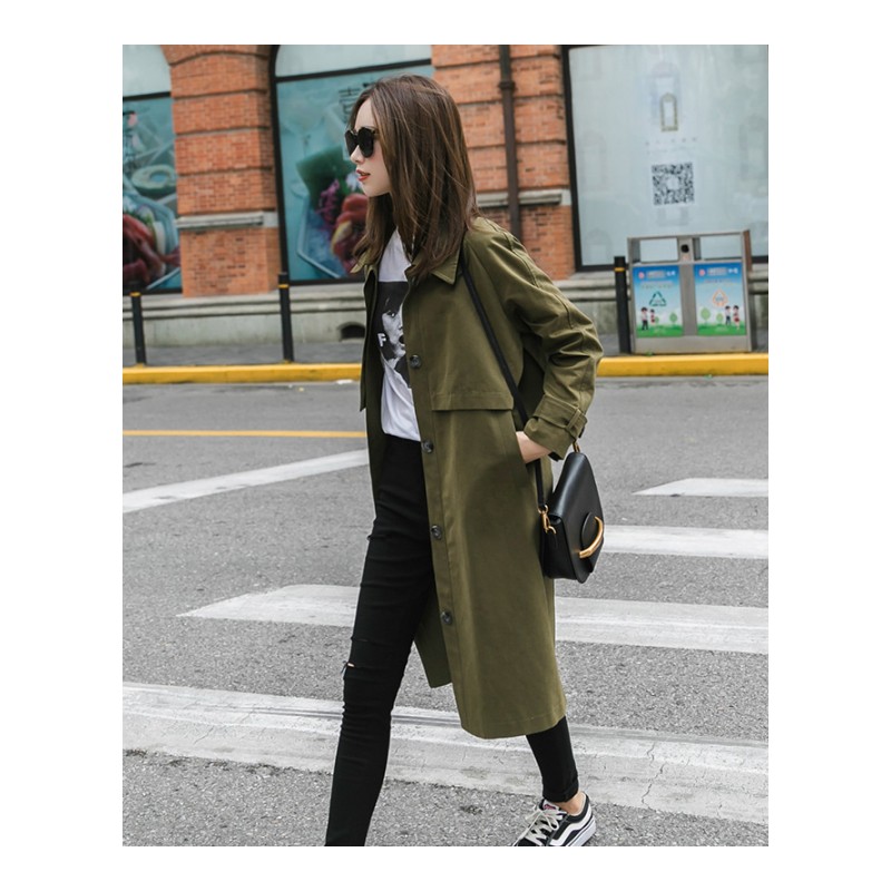 女士秋季新品女装韩版中长款纯色长袖风衣外套时尚宽松显瘦上衣潮