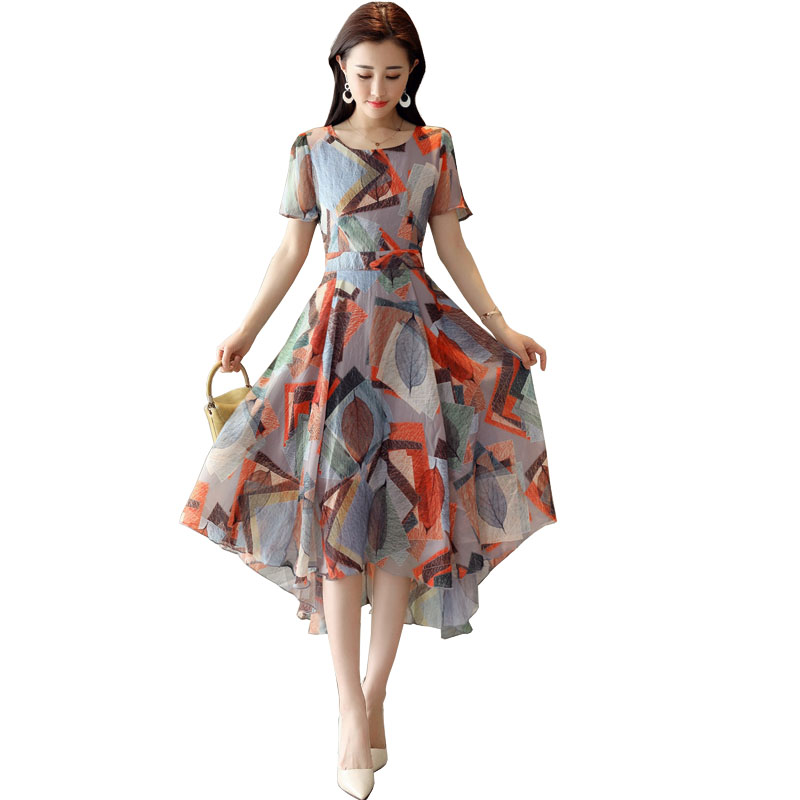 女士夏款新品女韩版时尚气质收腰显瘦不规则仙女温柔裙印花连衣裙