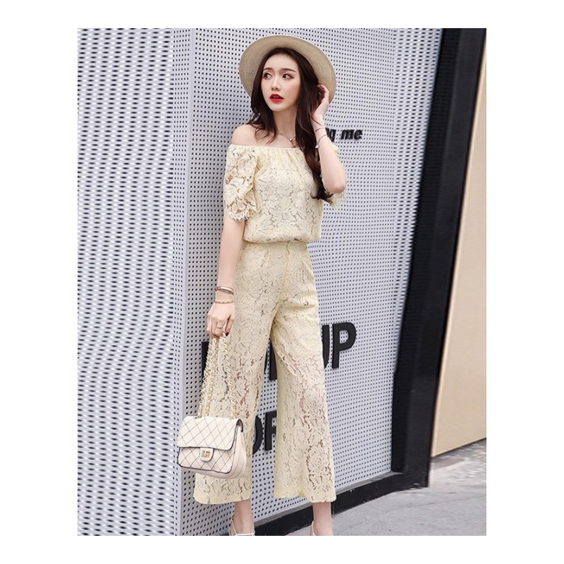 夏装新品显瘦时尚女装韩版小香风蕾丝阔腿裤露肩套装九分裤