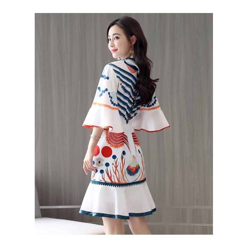 女士夏装新品韩版女装气质时尚复古印花裙文艺冷淡风蓬蓬连衣裙子