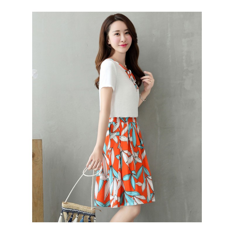 韩版夏装新品显瘦显瘦印花两件套女神范时髦连衣裙套装潮