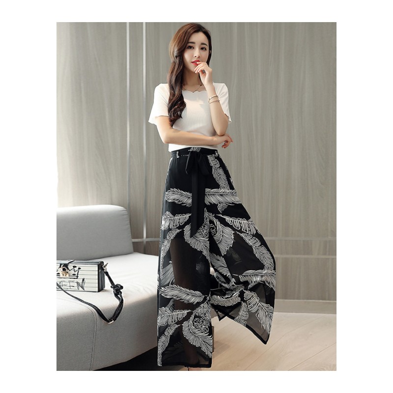 显瘦女士夏天新品花色宽松阔腿裤洋气两件套遮肉显瘦时髦套装女