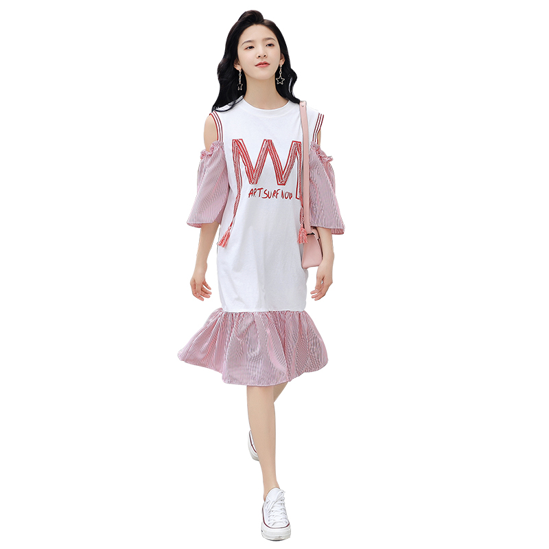连衣裙女士春新品女冷淡风漏肩短袖中长裙夏款宽松显瘦bf原宿裙子
