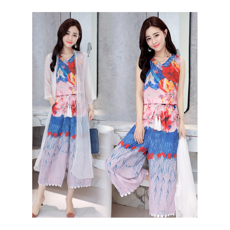 阔腿裤套装夏款女女士新品时尚韩版宽松印花雪纺高腰显瘦三件套潮