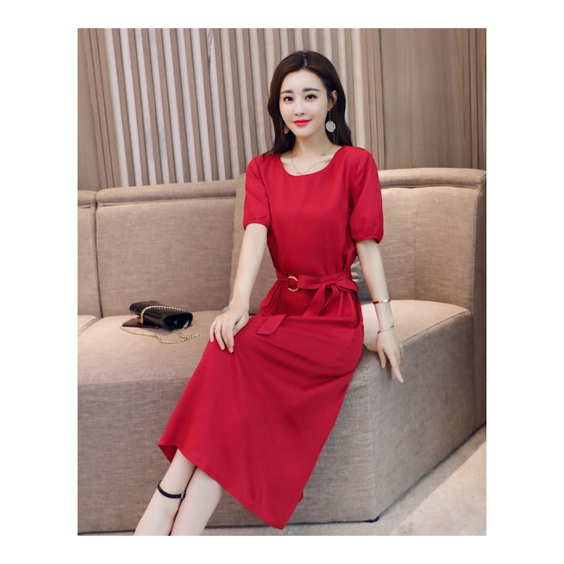 女士夏款女装新品韩版连衣裙气质显瘦时尚中长款纯色收腰复古裙女