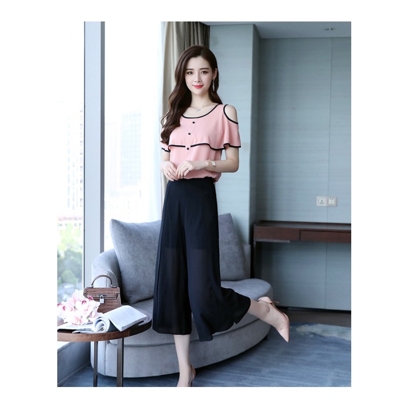 女神范阔腿裤子套装夏款一字肩漏肩两件套女女士新品秋装韩版时尚