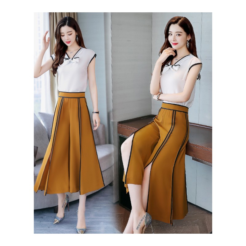 雪纺阔腿裤套装女夏女士新品洋气女神时髦短袖九分开叉裤裙两件套