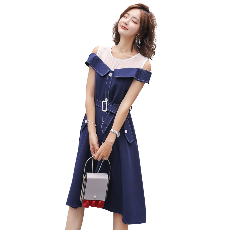 连衣裙女夏女士新品韩版中长款收腰温柔裙仙女少女露肩纯色裙子潮