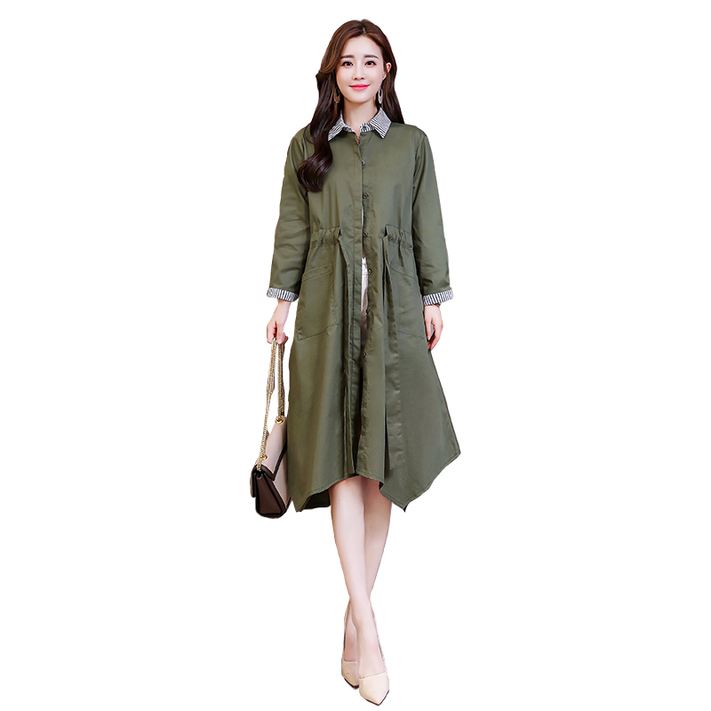 女士秋女装韩版大码宽松休闲军绿色风衣外套a型中长款衬衫连衣裙