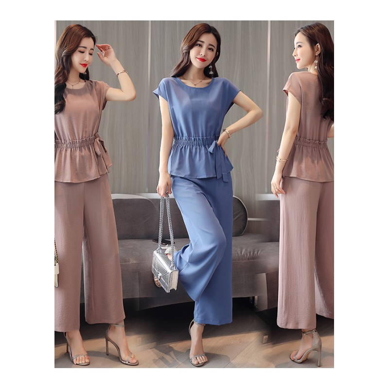 女士新品夏款韩版简约舒适两件套收腰显瘦气质时尚阔腿裤套装女