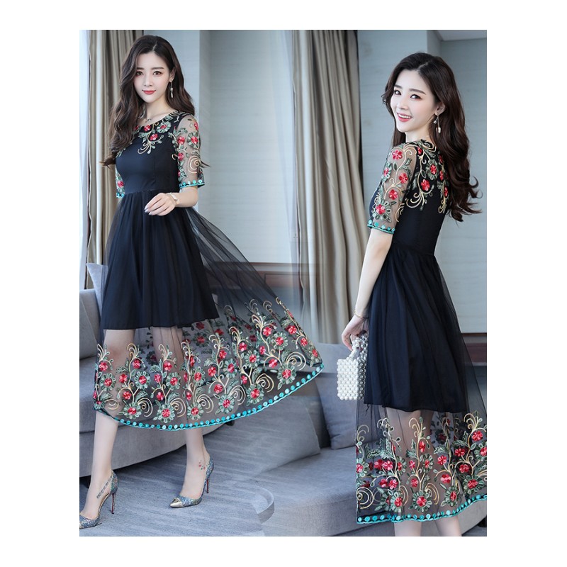 刺绣连衣裙女女士夏装新品韩版时尚修身中长款蓬蓬网纱裙仙女裙子