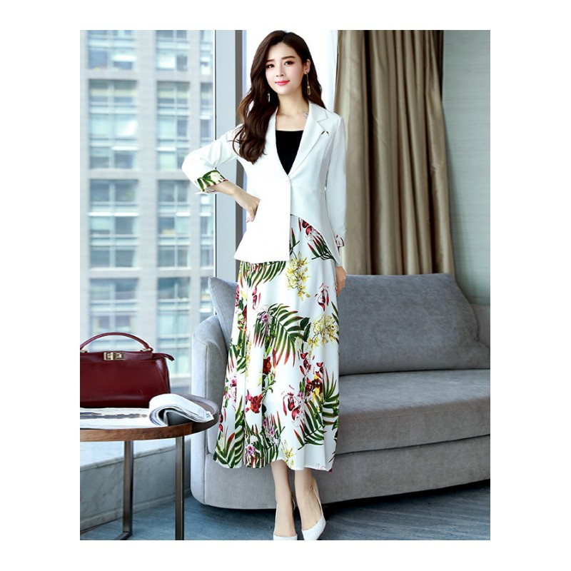 女士秋季新品韩版时尚气质西装外套印花半身裙修身两件套装裙女潮