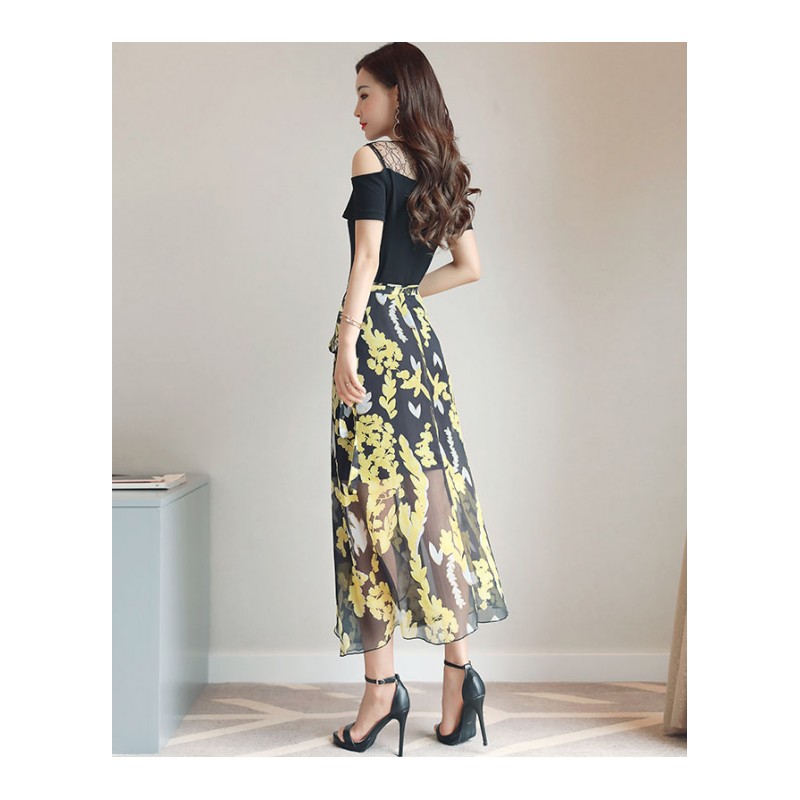 港风套装两件套韩版气质系带露肩上衣网沙女夏天的裙子显瘦连身裙