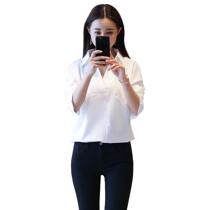 年轻衬衫女长袖女士秋装新品韩版修身显瘦V领上衣胖MM大码白衬衣
