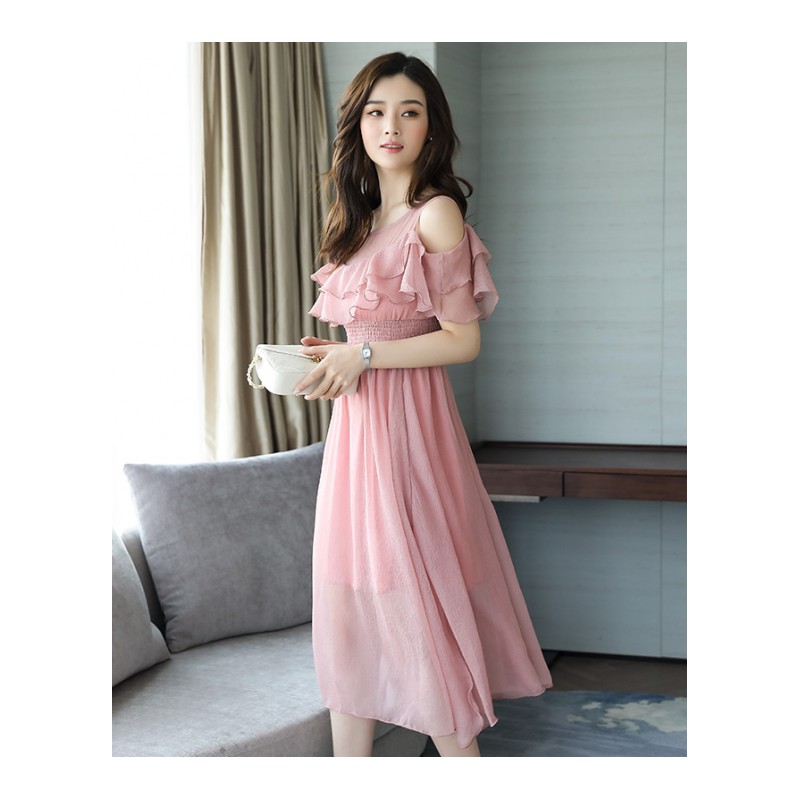 雪纺连衣裙女夏天女士新品韩版显瘦休闲一字肩气质名媛粉色裙子女