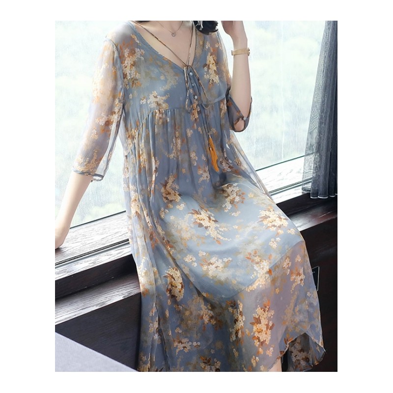 仙女年轻女士夏装新品温柔风雪纺短袖印花系带显瘦中长款连衣裙潮