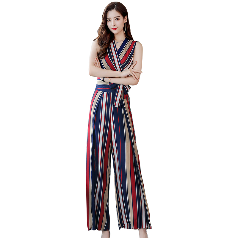 阔腿裤套装女女士夏款新品时尚气质显瘦洋气网红女神条纹两件套潮