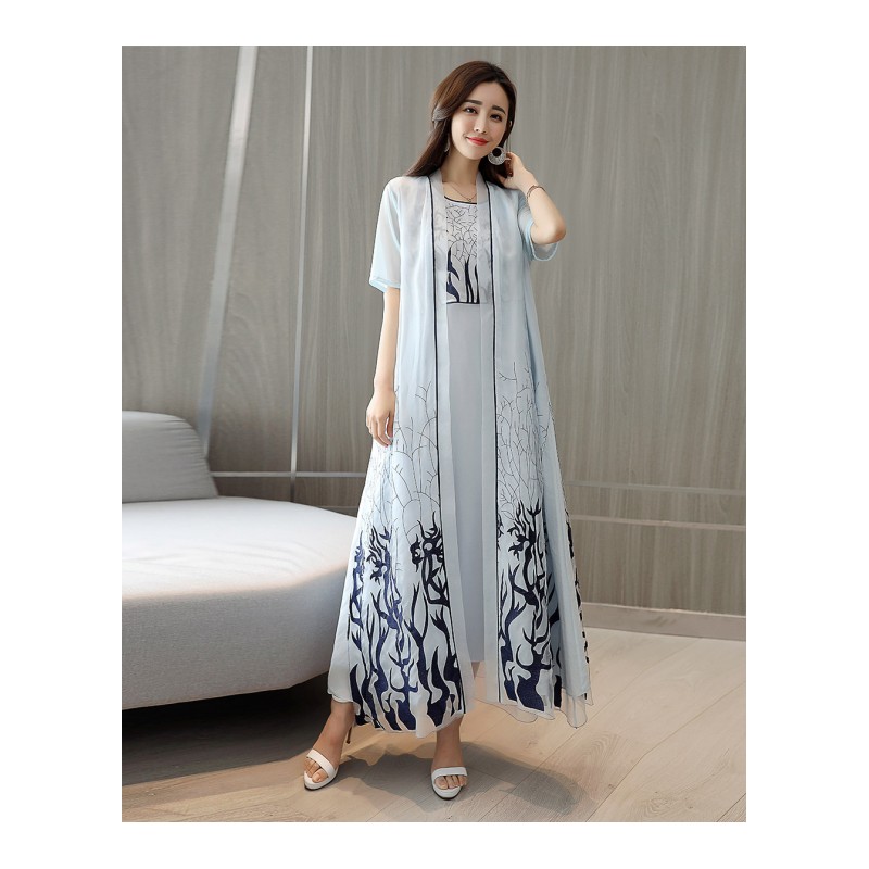 复古套装女夏装女士新品宽松民族风中国风刺绣欧根纱连衣裙两件套