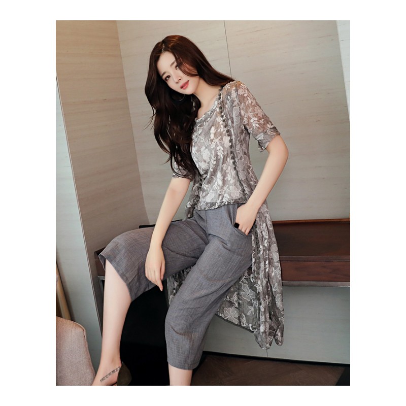 碎花五分阔腿裤圆领短袖宽松韩版时尚优雅女士年春夏款三件套装潮