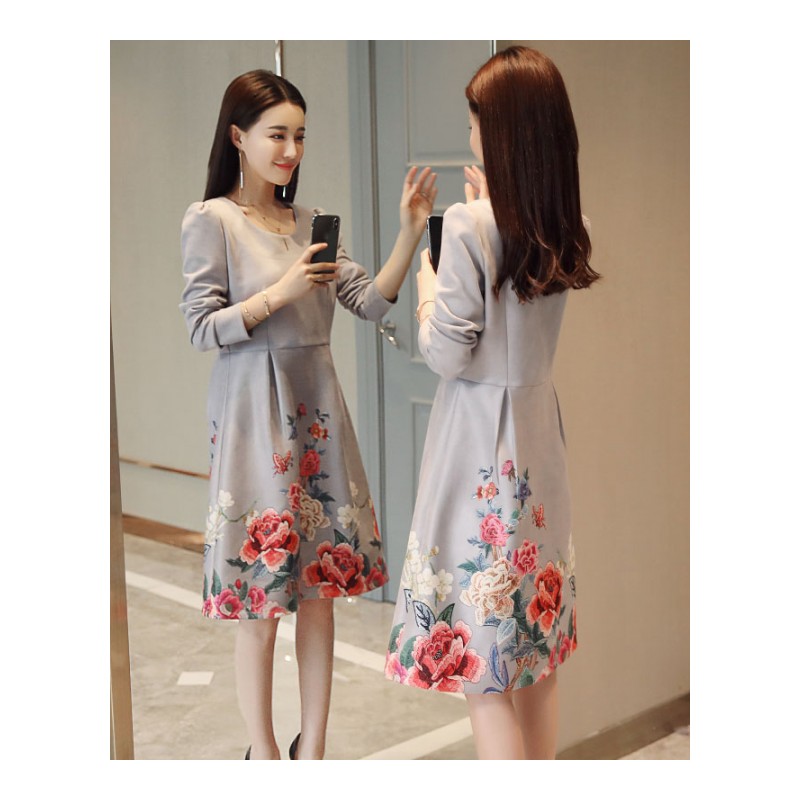 小个子时尚女装女士春季新品长袖连衣裙性感圆领小清新百搭中长裙