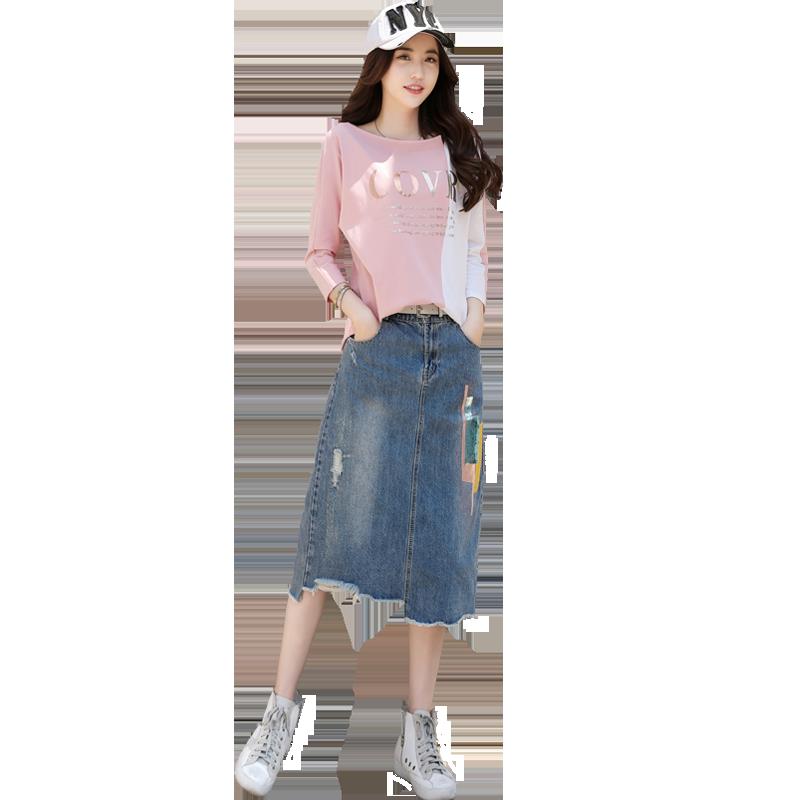 休闲时尚牛仔短裙两件套装女 女士夏韩版短袖T恤小个子a字半身裙