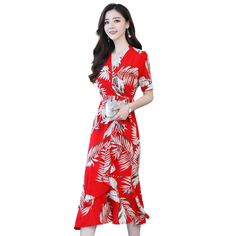 连衣裙长裙女夏女士新品时尚收腰显瘦中长款V领雪纺印花鱼尾裙子