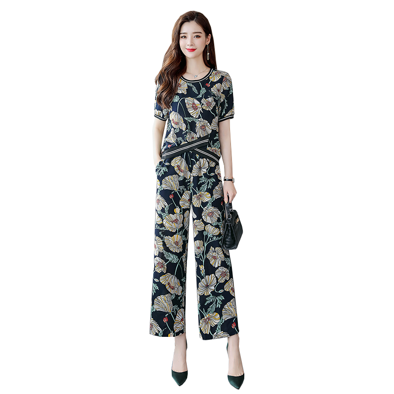 休闲套装高腰阔腿裤女夏女士新品时尚洋气显瘦两件套气质印花上衣