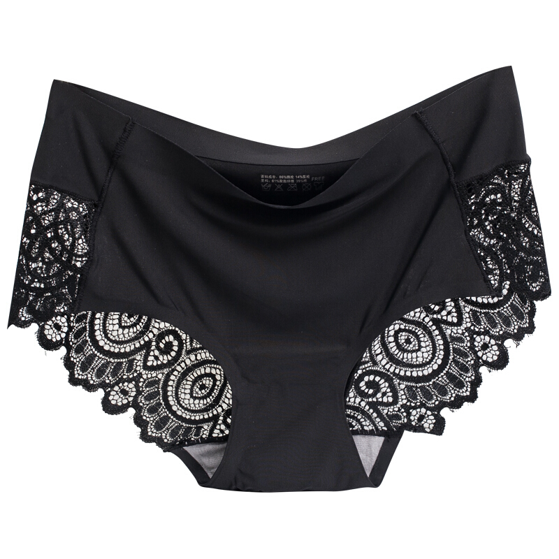 性感中腰无痕内裤女冰丝一片式镂空竹炭蕾丝面料棉质档女士三角裤