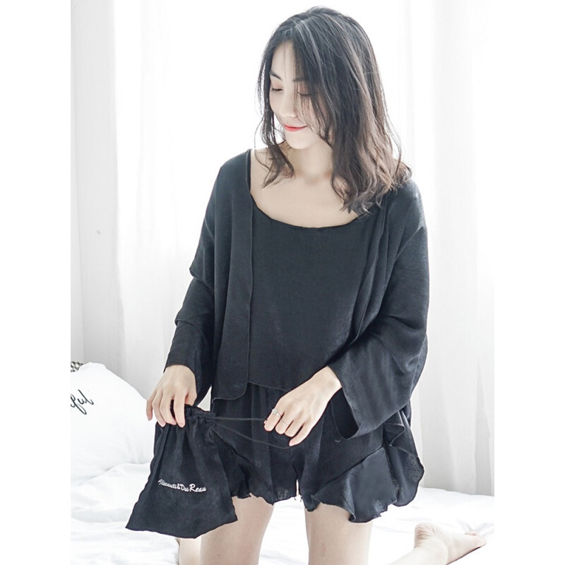 时尚三件套睡衣女夏薄款套装可爱长袖性感带韩版冰丝家居服