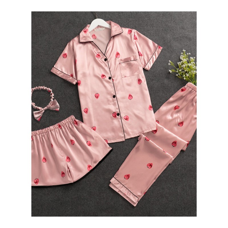 日式冰丝睡衣女夏季短袖长裤三件套丝绸两件套可爱家居服套装