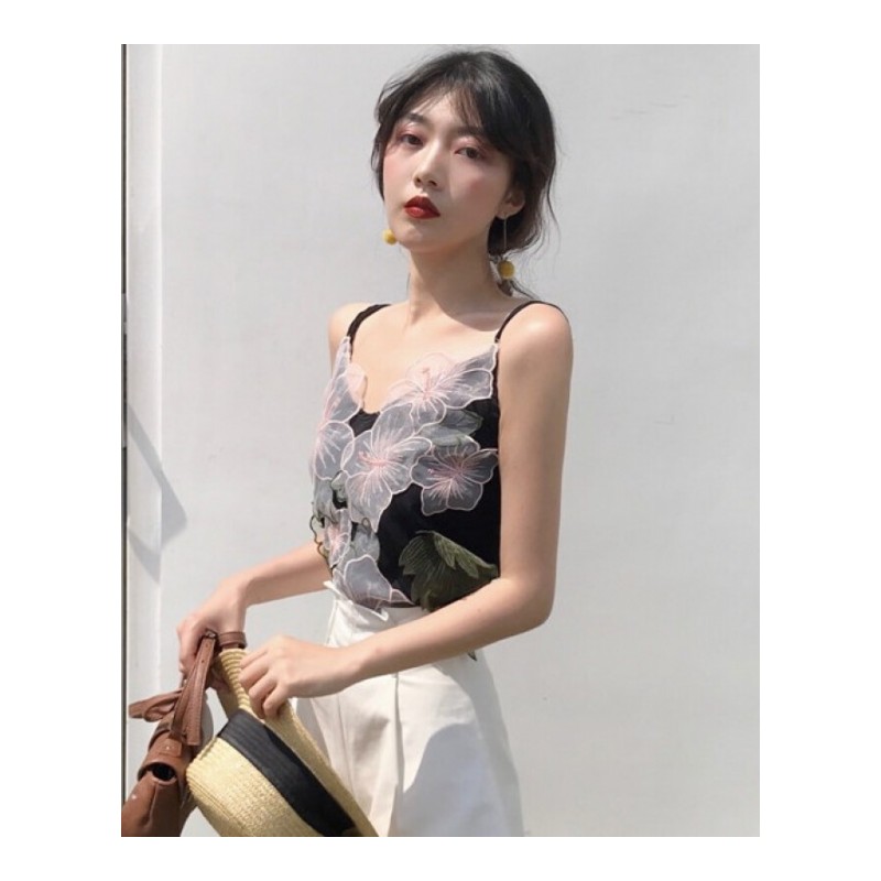 夏季新款花朵刺绣网纱拼接带小背心修身性感短款上衣打底衫女装白色均码