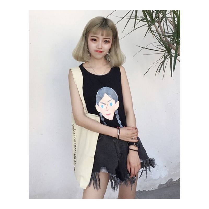 夏季新款韩版bf原宿风宽松显瘦卡通印花无袖背心女性感露背上衣潮黑色均码