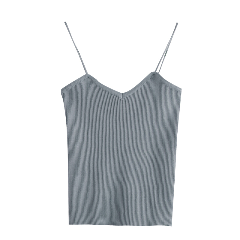 2018春夏性感V领针织背心小带女冰丝短款内搭打底上衣修身灰蓝色均码