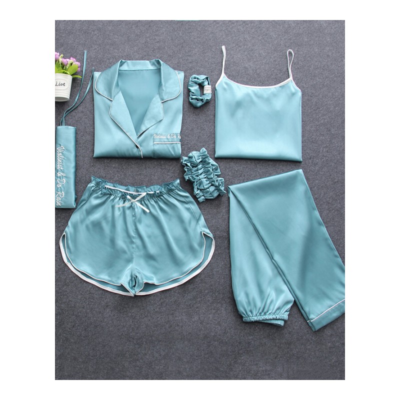 睡衣女春秋长袖冰丝七件套夏季薄款短裤套装雪纺丝绸性感7家居服