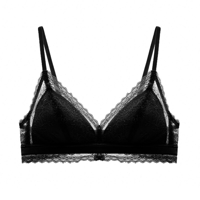 法式性感蕾丝文胸深V四排两扣舒适透气小胸薄棉款无钢圈女士内衣黑色不包含内裤